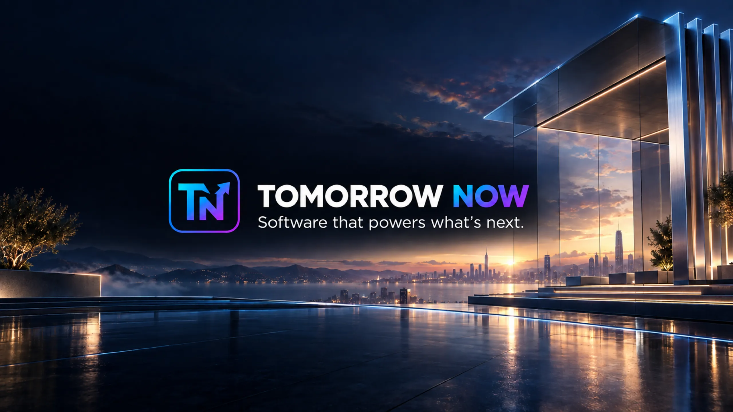 Tomorrow Now. Software that powers what's next. Un’architettura di vetro si apre sulla città all’alba.