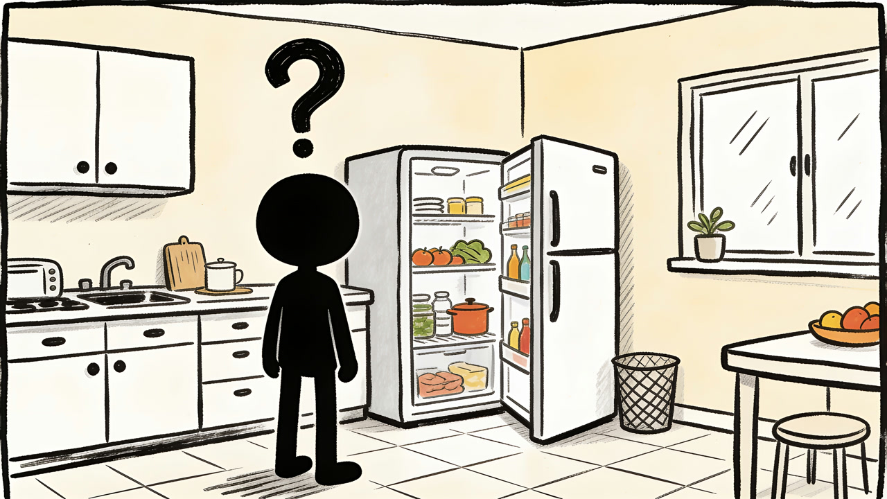 Un personaje confundido frente al refrigerador abierto.